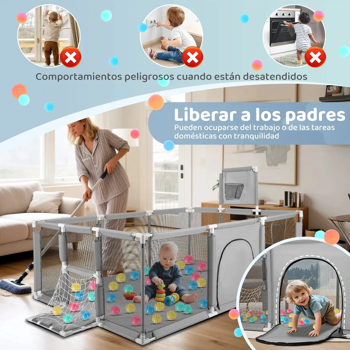 Corral Seguridad Bebes Con Aro De Basket 180cm Gris - Imagen 3