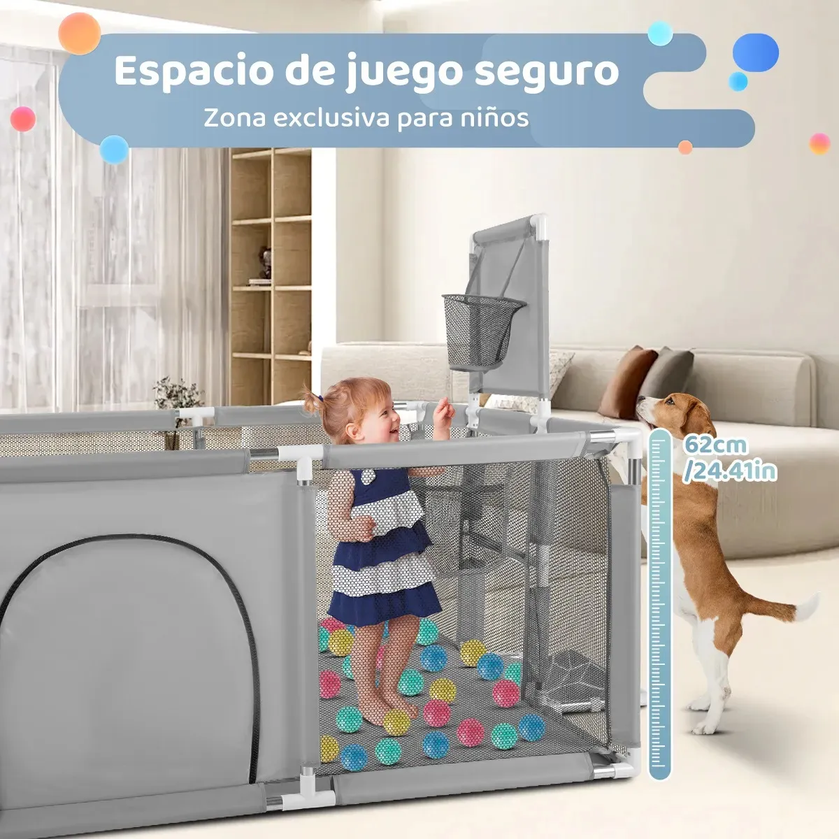Corral Seguridad Bebes Con Aro De Basket 180cm Gris - Imagen 4